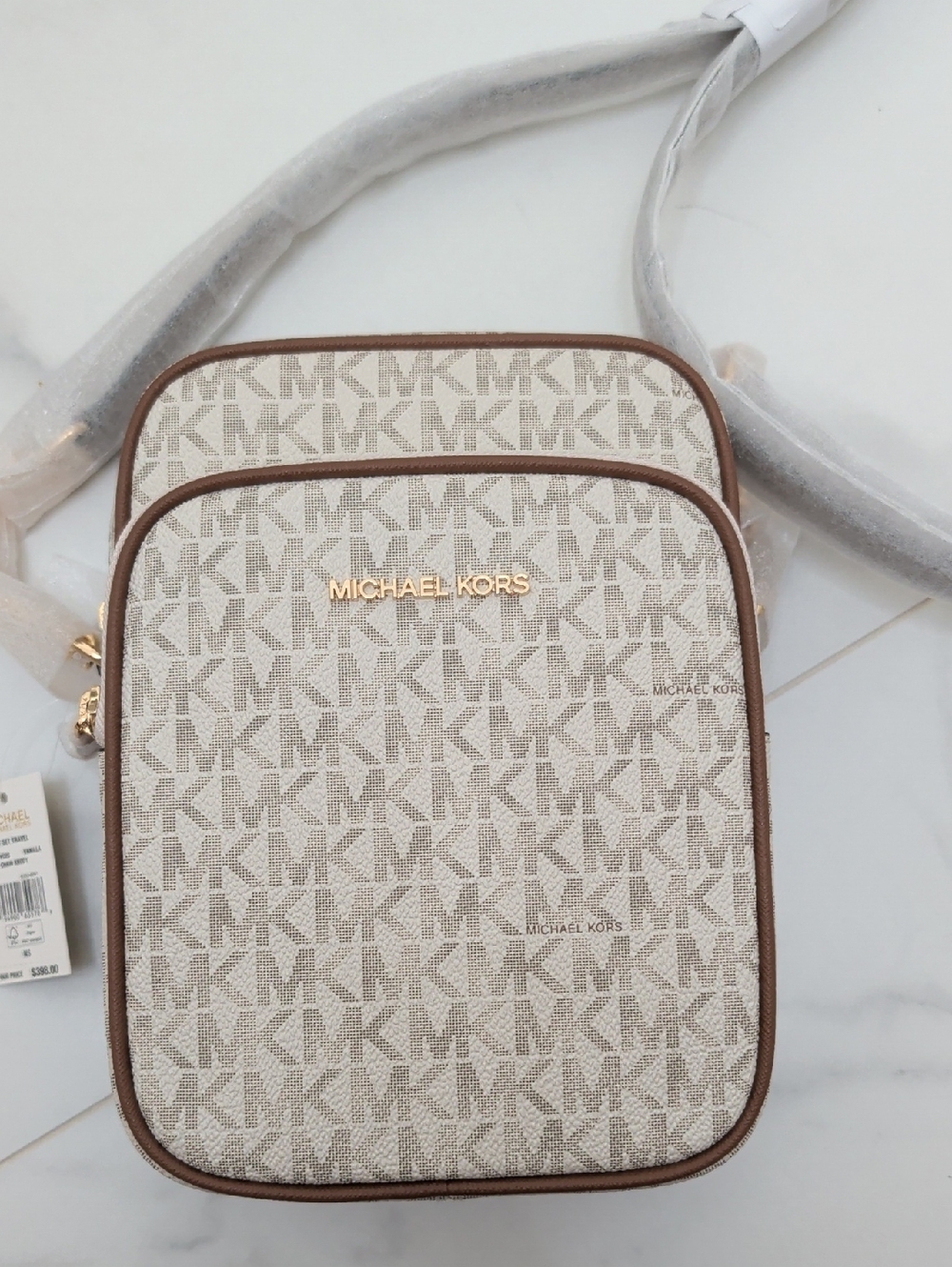 Michael Kors Cream and Brown MK Signature Crossbody